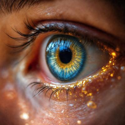 The primary subject of the image is a close-up of a person's eye with a blue iris. The setting is a dark background, which contrasts with the eye's vibrant color. The visual style is a close-up, focusing on the eye's details. The colors and mood of the image are dramatic and intense, with the eye's blue hue standing out against the dark background.
